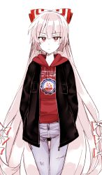 Rule 34 | 1girl, 6 (yuchae), alternate costume, bow, clothes writing, college shirt, contemporary, cowboy shot, denim, fujiwara no mokou, hair bow, hair ribbon, hands in pockets, highres, hood, hoodie, jacket, jeans, long hair, looking at viewer, pants, red eyes, ribbon, silver hair, simple background, solo, thigh gap, touhou, very long hair, white background