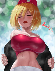 Rule 34 | 1girl, bare shoulders, blonde hair, blurry, blurry background, blush, breasts, cleavage, closed eyes, creatures (company), from below, game freak, hair ornament, hairband, hairclip, highres, hot, irida (pokemon), large breasts, midriff, navel, nintendo, open mouth, pokemon, pokemon legends: arceus, red hairband, removing jacket, ruliweb, short hair, sweat, translated, type-dog