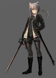 Rule 34 | 1girl, animal ears, black footwear, black jacket, black shirt, boots, cat ears, closed mouth, collared shirt, commentary request, full body, grey background, grey hair, grey pantyhose, holding, holding sword, holding weapon, inabi, jacket, leg belt, long sleeves, looking at viewer, original, pantyhose, scabbard, sheath, shirt, short shorts, shorts, simple background, solo, standing, sword, tri tails, unsheathed, weapon, wing collar, yellow eyes