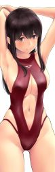 Rule 34 | 1girl, akagi (kancolle), armpits, arms behind head, arms up, breasts, brown eyes, brown hair, closed mouth, clothing cutout, commentary request, covered erect nipples, highleg, highleg swimsuit, kantai collection, long hair, looking at viewer, medium breasts, navel, navel cutout, one-piece swimsuit, red one-piece swimsuit, simple background, smile, solo, stomach, swimsuit, wa (genryusui), white background