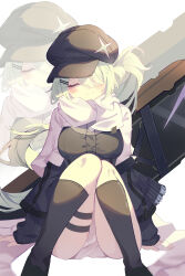 Rule 34 | 1girl, absurdres, ass, black hat, black jacket, black socks, black sweater, blue archive, blush, breasts, cabbie hat, closed mouth, green hair, hair over one eye, hat, highres, hiyori (blue archive), jacket, kneehighs, large breasts, long hair, scarf, side ponytail, sisong, smile, socks, solo, sweater, white scarf