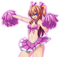 Rule 34 | 10s, 1girl, akutsu, blonde hair, blue eyes, blush, cheerleader, front-tie top, houjou hibiki, long hair, navel, open mouth, pink skirt, pom pom (cheerleading), precure, skirt, smile, solo, suite precure, twintails, two side up, white background