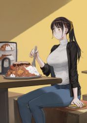 Rule 34 | 1girl, black hair, black jacket, blue pants, blush, breasts, cellphone, closed mouth, commentary, curry, curry rice, denim, eating, eyelashes, food, hair ornament, hair pulled back, hair ribbon, hairclip, highres, holding, holding spoon, indoors, jacket, jeans, jun (navigavi), large breasts, long hair, long sleeves, making-of available, meat, open clothes, open jacket, orange eyes, original, pants, phone, ponytail, ribbed sweater, ribbon, rice, sitting, smartphone, solo, spoon, sweater, table, turtleneck, turtleneck sweater, white sweater, wide-eyed, yellow background