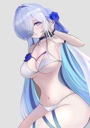 Rule 34 | 1girl, adjusting hair, armpits, azur lane, bikini, black choker, blue eyes, blue flower, blue gemstone, blue hair, breasts, brennus (azur lane), brennus (musician on blade&#039;s precipice) (azur lane), choker, collarbone, flower, gem, grey background, hair flower, hair ornament, hair over one eye, hand up, highres, jewelry, large breasts, light blush, long hair, looking at viewer, navel, official alternate costume, parted lips, riku amano1018, simple background, skindentation, solo, stomach, swimsuit, thigh strap, white bikini