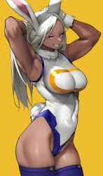 Rule 34 | 1girl, absurdres, animal ears, armpits, arms behind head, arms up, bare shoulders, biceps, blue thighhighs, boku no hero academia, breasts, covered navel, crescent print, dark-skinned female, dark skin, forehead, fur collar, gloves, grin, heattech leotard, highleg, highleg leotard, highres, large breasts, leotard, long eyelashes, long hair, looking at viewer, mirko, muscular, muscular female, parted bangs, rabbit ears, rabbit girl, rabbit tail, red eyes, sleeveless turtleneck leotard, smile, solo, tail, taut leotard, thick thighs, thighhighs, thighs, turtleneck, white gloves, white hair, white leotard, yoshio (55level)
