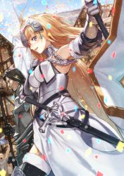 Rule 34 | 1girl, ahoge, akisa yositake, armor, bad id, bad pixiv id, black thighhighs, blonde hair, blue eyes, blue sky, blush, breasts, chain, cheering, confetti, crowd, day, dress, dutch angle, fate/apocrypha, fate/grand order, fate (series), faulds, flag, fur trim, gilles de rais (caster) (fate), gilles de rais (saber) (fate), greaves, grey eyes, headpiece, holding, holding flag, jeanne d&#039;arc (fate), jeanne d&#039;arc (ruler) (fate), jeanne d&#039;arc (third ascension) (fate), large breasts, long hair, looking at viewer, open mouth, outdoors, sheath, sheathed, sky, smile, solo focus, standard bearer, standing, sword, thighhighs, underbust, very long hair, weapon, white dress