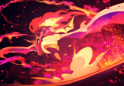 Rule 34 | black background, blue eyes, burning, claws, colored skin, commentary request, copy ability, dragon fire kirby, dragon wings, fiery background, fire, fire kirby, head wings, kirby (series), light particles, looking at viewer, multiple wings, nintendo, no humans, pink skin, purple headwear, purple wings, red footwear, shirushiki, shoes, solo, spread wings, taking off, v-shaped eyebrows, wings