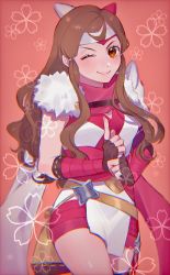 Rule 34 | 1girl, asymmetrical legwear, asymmetrical sleeves, belt pouch, brown eyes, brown hair, detached sleeves, elbow gloves, female focus, fingerless gloves, fire emblem, fire emblem fates, fire emblem heroes, fur trim, gloves, hana (fire emblem), headband, highres, japanese clothes, long hair, ninja, ninpo, nintendo, one eye closed, pouch, rppppic, scarf, simple background, solo, thick thighs, thighs, uneven legwear, uneven sleeves, wink