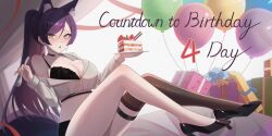 Rule 34 | 1girl, animal ear fluff, animal ears, balloon, bare shoulders, black bra, black choker, box, bra, breasts, brown thighhighs, cake, cake slice, can zhu, choker, cleavage, crop top, crop top overhang, earrings, extra ears, food, fork, fox ears, gift, gift box, green eyes, grey shirt, high heels, holding, jewelry, lace, lace-trimmed bra, lace trim, large breasts, legs up, long hair, long sleeves, looking at viewer, meridian project, midriff, mole, mole on breast, off shoulder, open mouth, ponytail, purple hair, seki (vtuber), shirt, single thighhigh, sitting, solo, spaghetti strap, thigh strap, thighhighs, thighs, underwear, virtual youtuber