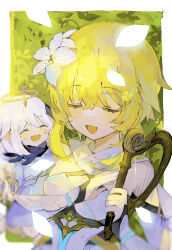 Rule 34 | 2girls, blonde hair, blurry, blurry foreground, border, closed eyes, closed mouth, commentary request, flower, genshin impact, hair between eyes, hair flower, hair ornament, halo, hands up, happy, harp, highres, holding, holding instrument, instrument, irodori warabi, leaf, leaf background, lumine (genshin impact), multiple girls, open mouth, paimon (genshin impact), shirt, short hair, smile, twitter username, upper body, white border, white flower, white hair, white shirt
