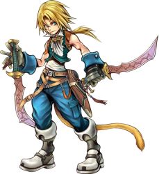 Rule 34 | 00s, 1boy, dagger, dissidia final fantasy, dual wielding, final fantasy, final fantasy ix, full body, holding, knife, male focus, nomura tetsuya, official art, solo, standing, tail, transparent background, weapon, zidane tribal