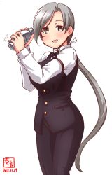 Rule 34 | 1girl, :d, absurdres, alcohol, alternate costume, artist logo, bartender, black pants, black vest, bow, bowtie, breasts, chitose (kancolle), cocktail shaker, collared shirt, commentary request, cowboy shot, dated, feet out of frame, formal, grey eyes, grey hair, hair between eyes, hair over shoulder, hair ribbon, highres, kanon (kurogane knights), kantai collection, long hair, long sleeves, looking at viewer, medium breasts, open mouth, pant suit, pants, pocket, ponytail, revision, ribbon, shake, shaker, shirt, simple background, smile, solo, suit, very long hair, vest, white background, white ribbon, white shirt