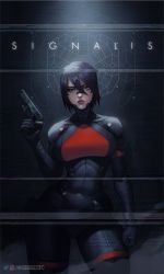 Rule 34 | 1girl, android, artificial eye, belt, black bodysuit, black hair, blue eyes, bodysuit, breasts, clenched hand, commentary, contrapposto, copyright name, covered navel, cz 75, distortion, elster (signalis), english commentary, facial mark, facing viewer, gun, hair between eyes, handgun, highres, holding, holding gun, holding weapon, holster, instagram username, large breasts, mechanical eye, multicolored bodysuit, multicolored clothes, multiple belts, pistol, purple lips, red bodysuit, short hair, signalis, solo, squigglesfc, thick thighs, thighs, toned, trigger discipline, twitter username, type-75 protektor, vhs artifacts, weapon