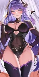 Rule 34 | 1girl, :q, alternate costume, black leotard, blush, breasts, commentary, covered navel, cowboy shot, demon girl, demon horns, demon tail, demon wings, elbow gloves, english commentary, fingerless gloves, genshin impact, gloves, gluteal fold, hand on own hip, hand up, highres, horns, large breasts, leotard, long hair, looking at viewer, mole, mole under eye, nail polish, purple eyes, purple gloves, purple hair, purple nails, purple thighhighs, raiden shogun, shiben (ugvu5784), solo, tail, thighhighs, thighs, tongue, tongue out, wings