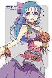 Rule 34 | 1girl, artist name, asymmetrical sleeves, bare shoulders, blue eyes, blue hair, border, bow, bracelet, collarbone, commentary request, cowboy shot, dragon quest, dragon quest v, dress, earrings, flora (dq5), flower, gorugon, hair behind ear, hair bow, hair pulled back, half updo, holding, holding flower, huge bow, jewelry, looking at viewer, neck ring, open mouth, pink bow, single-shoulder dress, single strap, sleeveless, sleeveless dress, smile, solo, teeth, upper teeth only, white border