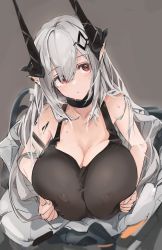 Rule 34 | 1girl, arknights, breast hold, breasts, cleavage, female focus, highres, horns, huge breasts, looking to the side, mikozin, mudrock (arknights), red eyes, solo, tank top, white hair
