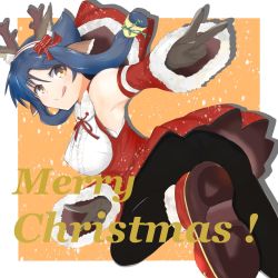 Rule 34 | 1girl, animal ears, antlers, aquaplus, arm up, atuy, bare shoulders, black gloves, blue hair, boots, breasts, christmas, christmas ornaments, closed mouth, covered erect nipples, dress, frilled shirt, frills, from below, from side, full body, gloves, gradient eyes, hair between eyes, hair ornament, highres, hood, hood down, horns, large breasts, licking, licking lips, long sleeves, merry christmas, multicolored eyes, musyokusunege, off shoulder, pantyhose, raised eyebrows, reindeer antlers, santa boots, santa costume, santa dress, shirt, short hair with long locks, sidelocks, sleeveless, smile, snow, snowing, solo, tongue, tongue out, utawarerumono, utawarerumono: itsuwari no kamen, wide sleeves, yellow eyes