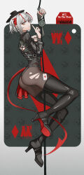 Rule 34 | 1girl, absurdres, ace (playing card), ace of diamonds, ambience synesthesia, antenna hair, arknights, ass, black footwear, black headwear, black leotard, black pantyhose, boots, card, character name, closed mouth, colored shoe soles, demon girl, demon horns, demon tail, diamond (shape), english text, full body, grey hair, high heel boots, high heels, highres, horns, index finger raised, leotard, long sleeves, multicolored hair, nail polish, official alternate costume, pantyhose, playing card, red hair, red nails, shoe soles, short hair, smile, solo, tail, thigh boots, torn clothes, torn pantyhose, two-tone hair, w (arknights), w (wanted) (arknights), yat (tsmn7245), yellow eyes