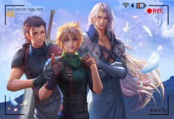Rule 34 | 3boys, armor, asymmetrical gloves, belt, bird, black coat, black gloves, black hair, black pants, blonde hair, blue eyes, blue sky, blue sweater, buster sword, chest strap, closed eyes, cloud, cloud strife, cloudy sky, coat, commentary, cross scar, crossed arms, elbow gloves, english commentary, english text, falling feathers, fan yang (jiuge), feathers, final fantasy, final fantasy vii, final fantasy vii remake, gloves, green eyes, green scarf, grey hair, grin, hair slicked back, hand on another&#039;s wrist, hand up, hands up, happy, high collar, leather belt, light particles, long coat, long hair, long sleeves, looking at another, looking at viewer, male focus, mountainous horizon, multiple belts, multiple boys, open clothes, open coat, pants, parted bangs, pauldrons, scar, scar on face, scarf, sephiroth, short hair, shoulder armor, sky, sleeveless, sleeveless sweater, sleeveless turtleneck, sleeves rolled up, smile, standing, suspenders, sweater, sword, turtleneck, turtleneck sweater, upper body, very long hair, viewfinder, weapon, weapon on back, white bird, white feathers, wind, zack fair