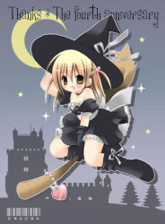Rule 34 | 1girl, :d, badge, bare shoulders, black footwear, blonde hair, blush, boots, broom, broom riding, brown eyes, choker, collarbone, crescent moon, full body, hat, heart, knee boots, looking at viewer, looking back, moon, open mouth, original, smile, solo, unauna, witch, witch hat