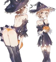 Rule 34 | 1girl, :&lt;, ?, ass, backless dress, backless outfit, bad id, bad twitter id, bare shoulders, bent over, black dress, black necktie, black thighhighs, blush, closed mouth, commentary, detached collar, detached sleeves, dress, english commentary, hair bun, halloween costume, hat, highres, jack-o&#039;-lantern, looking at viewer, necktie, orange panties, original, panties, pink eyes, purple hat, simple background, single hair bun, solo, standing, thighhighs, tsu (lovesick1964), two (tsu (lovesick1964)), underwear, white background, wing collar