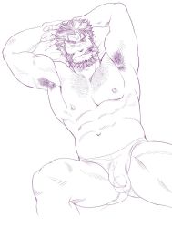 Rule 34 | 1boy, abs, armpit hair, armpits, arms behind head, bara, beard, briefs, bulge, chest hair, ded (housamo), facial hair, feet out of frame, goshingo1, large pectorals, male focus, male underwear, protagonist 5 (housamo), mature male, monochrome, muscular, muscular male, navel, nipples, pectorals, short hair, sleeping, solo, spread legs, stomach, thick thighs, thighs, tokyo houkago summoners, topless male, traditional media, underwear, underwear only