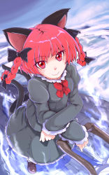 Rule 34 | 1girl, absurdres, animal ears, blush, bow, braid, breasts, cat ears, cat tail, hair bow, hayate-s, highres, kaenbyou rin, long hair, long sleeves, looking at viewer, looking up, multiple tails, red eyes, red hair, ribbon, skirt, smile, solo, spirit, tail, touhou, twin braids, wheelbarrow