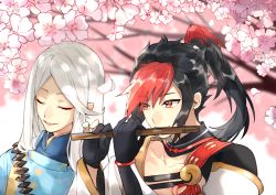 Rule 34 | 2boys, abe no seimei (onmyoji), asymmetrical bangs, asymmetrical gloves, black gloves, black hair, cherry blossoms, closed eyes, closed mouth, collar, collarbone, flower, flute, gloves, high ponytail, highres, holding flute, holding instrument, instrument, japanese clothes, long hair, looking at another, male focus, minamoto no hiromasa, multicolored hair, multiple boys, onmyoji, open mouth, pink flower, red eyes, red hair, tiyi (tiyi a09), two-tone hair, uneven gloves, white hair