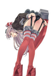 Rule 34 | 1girl, absurdres, amatsukaze (kancolle), ass, bent over, black panties, blush, brown eyes, dutch angle, embarrassed, from behind, garter straps, hair ornament, highres, kantai collection, long hair, long sleeves, looking at viewer, looking back, open mouth, panties, red thighhighs, scan, simple background, solo, striped, thighhighs, thighs, underwear, white background, yahako