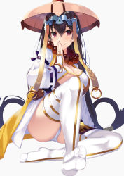 Rule 34 | 1girl, absurdres, bead necklace, beads, bikini, black hair, bracelet, breasts, fate/grand order, fate (series), gold trim, hair between eyes, hair ornament, hat, highres, jewelry, kazuha (saku kn), large breasts, long hair, necklace, prayer beads, purple eyes, ribbon-trimmed sleeves, ribbon trim, robe, simple background, sitting, smile, solo, swimsuit, thighhighs, white background, white bikini, white robe, white thighhighs, xuangzang sanzang (fate)