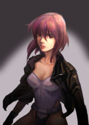 Rule 34 | 1girl, absurdres, breasts, ghost in the shell, ghost in the shell stand alone complex, highres, jacket, kusanagi motoko, leotard, purple hair, realistic, red eyes, short hair, solo, yixinhe