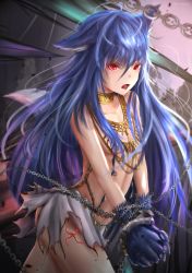 Rule 34 | 1girl, absurdres, ahoge, animal ears, animal hands, artist name, bare arms, bare legs, bare shoulders, blue hair, bound, bound wrists, breasts, chain, collar, collarbone, fangs, fenrir (shingeki no bahamut), fur, granblue fantasy, hair between eyes, highres, kayjae, long hair, red eyes, shingeki no bahamut, solo, standing, tail, torn clothes, very long hair, wolf ears, wolf girl, wolf tail