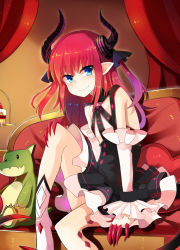 Rule 34 | 10s, 1girl, asymmetrical horns, blue eyes, blush, cake, couch, detached sleeves, dragon girl, dragon tail, dress, elizabeth bathory (fate), elizabeth bathory (fate/extra ccc), elizabeth bathory (first ascension) (fate), fang, fang out, fate/extra, fate/extra ccc, fate (series), flat chest, food, hand on own knee, horns, indoors, leg up, long hair, looking at viewer, onigensou, pink hair, pointy ears, sitting, smile, solo, stuffed animal, stuffed dragon, stuffed toy, tail, two side up, uneven horns