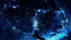 Rule 34 | 1girl, blue theme, commentary request, from side, highres, original, scenery, short hair, sitting, sky, solo, space, standing, star (sky), starry sky, surreal, very wide shot, y y (ysk ygc)