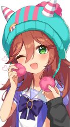 Rule 34 | animal ears, beanie, blush, breasts, brown hair, commentary request, hair between eyes, hair ornament, hat, heart, highres, horse ears, horse girl, inuyama nanami, long hair, looking at viewer, one eye closed, open mouth, pom pom (clothes), pom pom beanie, pov, pov hands, samson big (umamusume), school uniform, small breasts, tracen school uniform, umamusume