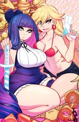 Rule 34 | 2girls, belly, blonde hair, blue eyes, bra, breasts, candy, cleavage, cuffs, dress, earrings, fat rolls, food, gun, handcuffs, jewelry, large breasts, long hair, looking at viewer, medium breasts, multiple girls, navel, open fly, panties, panty &amp; stocking with garterbelt, panty (psg), plump, purple hair, saane, short dress, shorts, smile, stocking (psg), sword, thick thighs, thighs, underwear, weapon, wide hips
