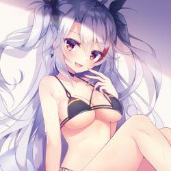 Rule 34 | 1girl, antenna hair, arm support, azur lane, bikini, black bikini, black ribbon, blush, breasts, covered erect nipples, cross, cross earrings, earrings, finger to mouth, flag print, german flag bikini, hair between eyes, hair ribbon, iron cross, jewelry, large breasts, long hair, looking at viewer, mole, mole on breast, multicolored hair, open mouth, prinz eugen (azur lane), prinz eugen (unfading smile) (azur lane), red hair, ribbon, side-tie bikini bottom, sidelocks, silver hair, sitting, smile, solo, streaked hair, swimsuit, two side up, very long hair, wet, ytuorvi