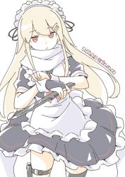 Rule 34 | 1girl, akara kai, alternate costume, black dress, black gloves, black thighhighs, blonde hair, cowboy shot, dagger, dress, elbow gloves, enmaided, fingerless gloves, frilled dress, frills, gloves, hair flaps, highres, kantai collection, knife, long hair, looking at viewer, maid, maid headdress, neckerchief, red eyes, red neckerchief, simple background, solo, thighhighs, weapon, white background, yuudachi (kancolle), yuudachi kai ni (kancolle)