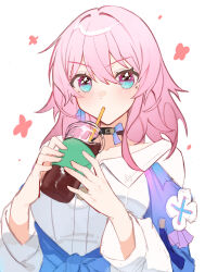 Rule 34 | 1girl, absurdres, black choker, blue eyes, blue jacket, blush, buttons, choker, collarbone, commentary request, cup, disposable cup, drinking, drinking straw, drinking straw in mouth, earrings, flower ornament, hair between eyes, hands up, highres, honkai: star rail, honkai (series), jacket, jewelry, long sleeves, march 7th (honkai: star rail), medium hair, pink eyes, pink hair, shirt, shotgunman, single earring, solo, tied jacket, two-tone eyes, underbust, v-shaped eyebrows, white background, white shirt