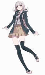 Rule 34 | 1girl, backpack, bag, black jacket, black shirt, black thighhighs, blush, breasts, brown skirt, collared shirt, flipped hair, full body, galaga, grey background, hair ornament, hood, hood down, hooded jacket, jacket, medium breasts, miniskirt, nanami chiaki, neck ribbon, open clothes, open jacket, parted lips, pink footwear, pink hair, pink ribbon, pleated skirt, ribbon, shenmu (nyx 0), shirt, shirt tucked in, shoes, sideways glance, simple background, skirt, solo, thighhighs, two-tone shirt, white shirt
