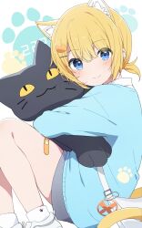 Rule 34 | 1girl, absurdres, animal ears, blonde hair, blue eyes, blue shirt, cat ears, cat girl, cat hair ornament, cat tail, cowboy shot, hair ornament, highres, hugging object, looking at viewer, mochigome (ununquadium), original, shirt, shoes, smile, sneakers, solo, stuffed animal, stuffed toy, tail