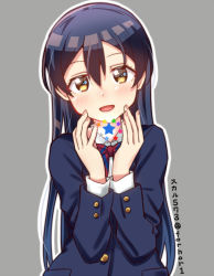 Rule 34 | 10s, 1girl, blue hair, blush, grey background, long hair, looking at viewer, love live!, love live! school idol project, open mouth, school uniform, simple background, skull573, smile, solo, sonoda umi, star (symbol), twitter username, yellow eyes