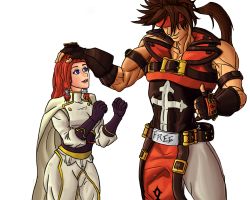 Rule 34 | 1boy, 1girl, arc system works, belt, blazblue, blue eyes, brown hair, cape, clenched hand, company connection, crossover, fingerless gloves, gloves, grin, guilty gear, hair tubes, headband, headpat, height difference, long hair, muscular, novam, open mouth, ponytail, red hair, simple background, smile, sol badguy, thumbs up, tsubaki yayoi, uniform