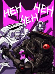 Rule 34 | 2022, can, commentary, decepticon, english commentary, gun, highres, holding, holding can, holding gun, holding weapon, insignia, looking at viewer, makoto ono, mecha, purple background, red eyes, robot, runabout, runamuck, spray can, transformers, weapon