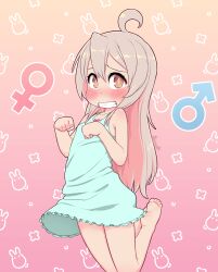 Rule 34 | 1girl, ahoge, barefoot, blue dress, blush, brown eyes, clenched teeth, colored inner hair, dress, gradient background, grey hair, highres, jumping, kionant, looking at viewer, mars symbol, multicolored hair, onii-chan wa oshimai!, oyama mahiro, paid reward available, paw pose, pink hair, signature, sleeveless, sleeveless dress, soles, solo, teeth, toes, venus symbol