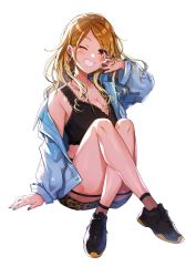 Rule 34 | 1girl, ;), animal print, arm support, artist name, backlighting, black camisole, black footwear, blonde hair, blue jacket, blush, breasts, brown eyes, brown hair, brown socks, camisole, cleavage, collarbone, commentary request, crop top, crossed legs, denim, denim jacket, earrings, fingernails, full body, gradient hair, grin, gyaru, hand on own cheek, hand on own face, hand up, highres, hoop earrings, idolmaster, idolmaster shiny colors, izumi mei, jacket, jewelry, knees up, large breasts, leopard print, light particles, long hair, long sleeves, looking at viewer, miniskirt, multicolored hair, nail polish, off shoulder, one eye closed, open clothes, open jacket, print skirt, purple nails, shinishi chiho, shoes, sidelocks, simple background, single bare shoulder, sitting, skirt, smile, sneakers, socks, solo, swept bangs, tan, two-tone hair, white background, wide sleeves