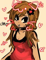 Rule 34 | 1girl, artist name, bare shoulders, black choker, black eyes, black flower, breasts, brown hair, character name, chazy (spookycatzzz), choker, cleavage, collarbone, drawn ears, drawn whiskers, dress, eyeshadow, flower, furry, furry female, hair flower, hair ornament, heart, long hair, looking to the side, makeup, non-web source, original, purple eyeshadow, red dress, self-upload, sepia background, simple background, solo, spookycatzzz, teeth, upper body