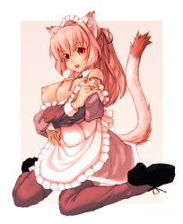 Rule 34 | 1girl, animal ears, apron, bare shoulders, breasts, breasts out, cat ears, cat girl, cat tail, clothes down, clothes pull, cross-laced footwear, detached collar, female focus, high heels, highres, large breasts, long hair, maid, maid apron, maid headdress, mimosa211, nail polish, nipples, no bra, open mouth, original, pink eyes, pink hair, ponytail, shirt down, shirt pull, shoe soles, shoes, simple background, sitting, smile, solo, tail, thighhighs, wariza