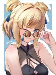 Rule 34 | 1girl, alternate hairstyle, artist name, bare shoulders, blonde hair, blue background, blue eyes, breasts, cleavage, commentary, criss-cross straps, english commentary, glasses, hair intakes, highres, holding, holding removed eyewear, honkai (series), honkai impact 3rd, large breasts, looking at viewer, nyeppu, one eye closed, pince-nez, revision, round eyewear, smile, solo, songque (honkai impact), two-tone background, unworn eyewear, upper body, white background