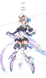 Rule 34 | &gt;:), 1girl, ahoge, aqua eyes, arm guards, armor, between breasts, black gloves, black skirt, black thighhighs, blush, boots, breasts, brown hair, closed mouth, clothes writing, commentary request, corset, faulds, floating, full body, gloves, headgear, high heel boots, high heels, holding, holding sword, holding weapon, huge weapon, impossible clothes, looking at viewer, mecha musume, medium breasts, miniskirt, navel, original, pleated skirt, short hair, skirt, smile, solo, striped, sword, takamine nadare, thigh boots, thighhighs, thighhighs under boots, underbust, vertical stripes, weapon, white footwear, white hair